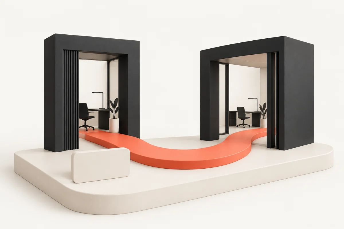 Two office doorways linked by a coral path, illustrating a change of employer with a residence card