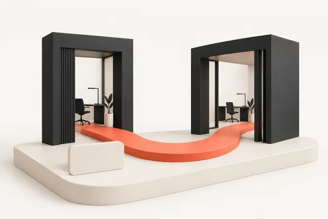 Two office doorways linked by a coral path, illustrating a change of employer with a residence card