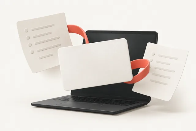 A blank card, document checklists and a laptop representing a Polish residence application through MOS