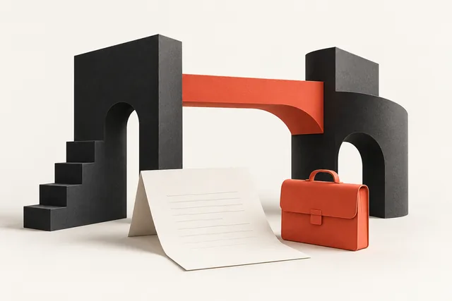 A coral bridge, briefcase and agreement sheet illustrating a work-based residence card application in Poland