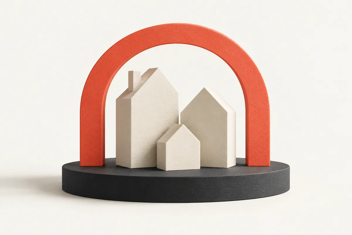Three ivory homes beneath a coral arch, illustrating family reunification and residence in Poland
