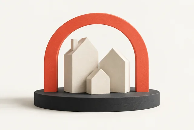 Three ivory homes beneath a coral arch, illustrating family reunification and residence in Poland