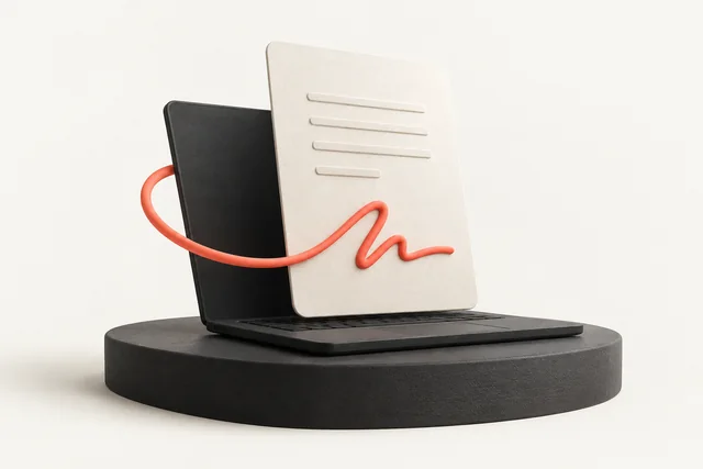 A laptop and abstract attachment with a coral signature stroke, illustrating an employer’s MOS annex