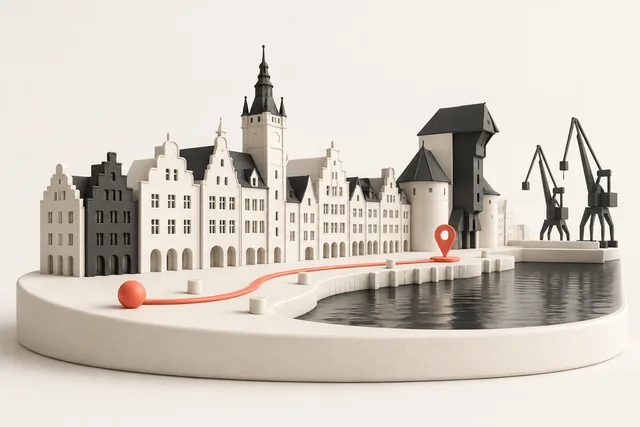 A miniature Gdańsk waterfront with a coral route and a case progress marker